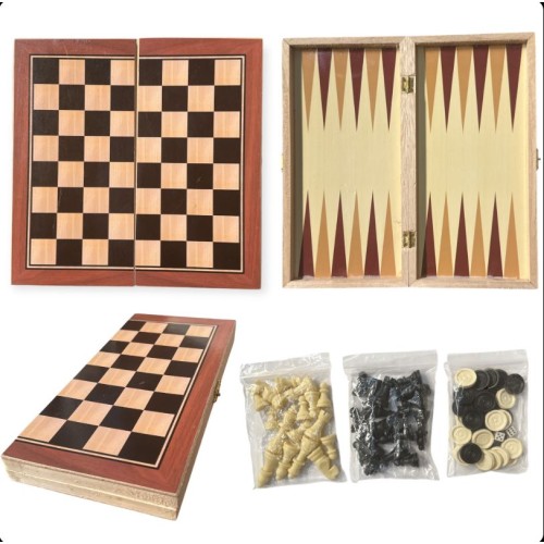 Tabla de șah din lemn 3 în 1, 40x40cm, pliabilă, set piese sah și table